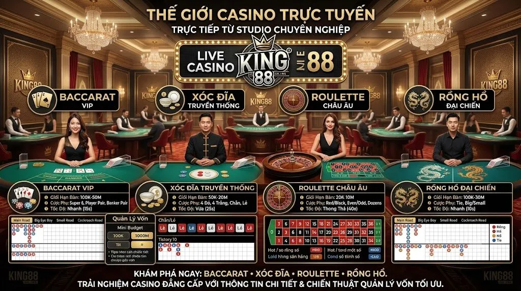 Khu vực casino live King88 với các trò baccarat xóc đĩa roulette và rồng hổ